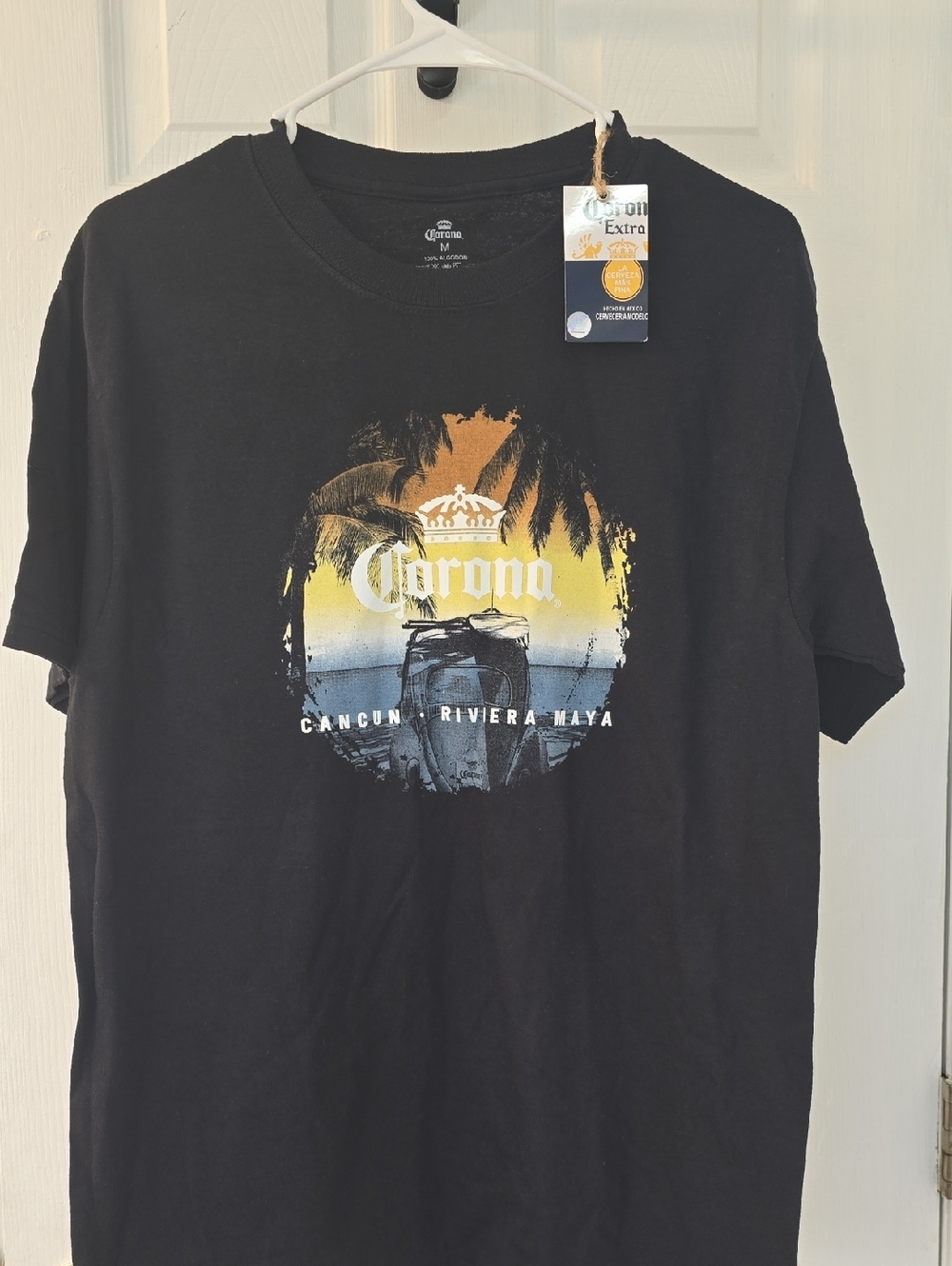 Corona Black Tee with Yellow-Orange Sunset Graphic